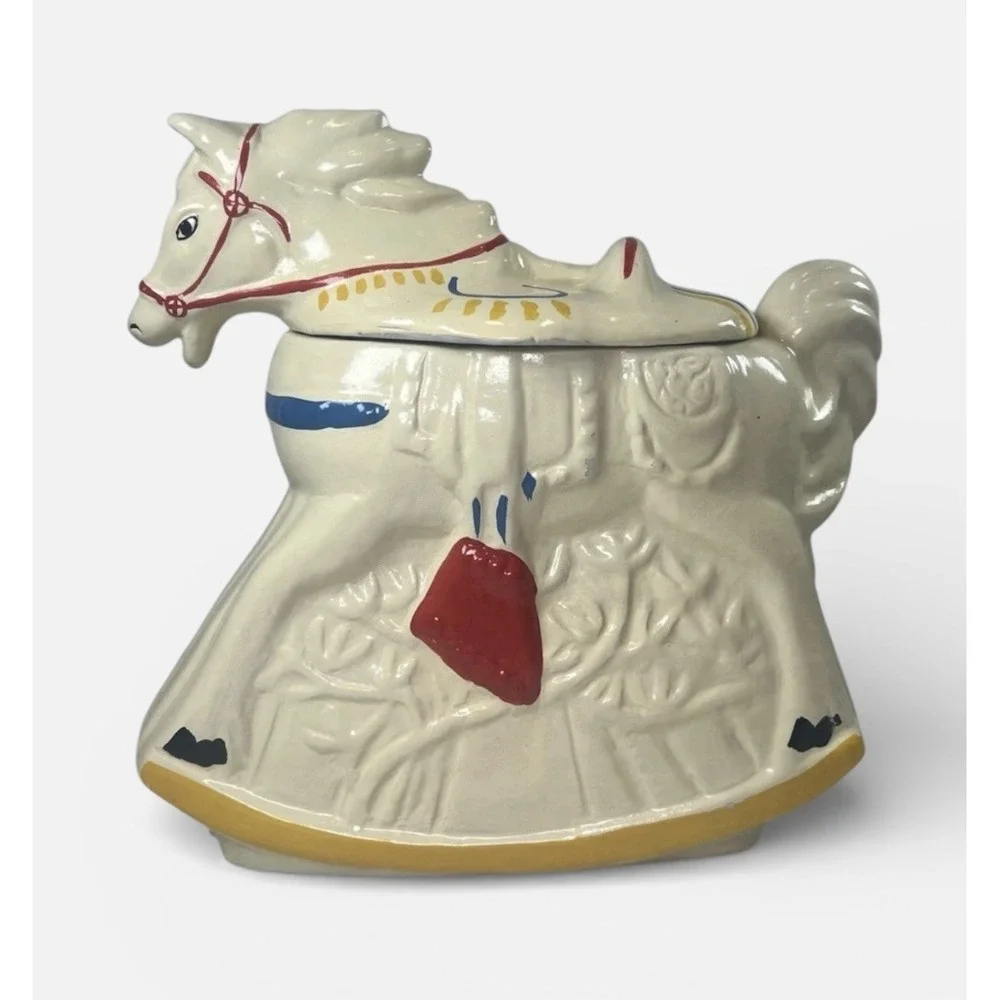 Vintage Rocking Horse Ceramic Cookie Jar Hand Painted Nursery Decor Cream Multi